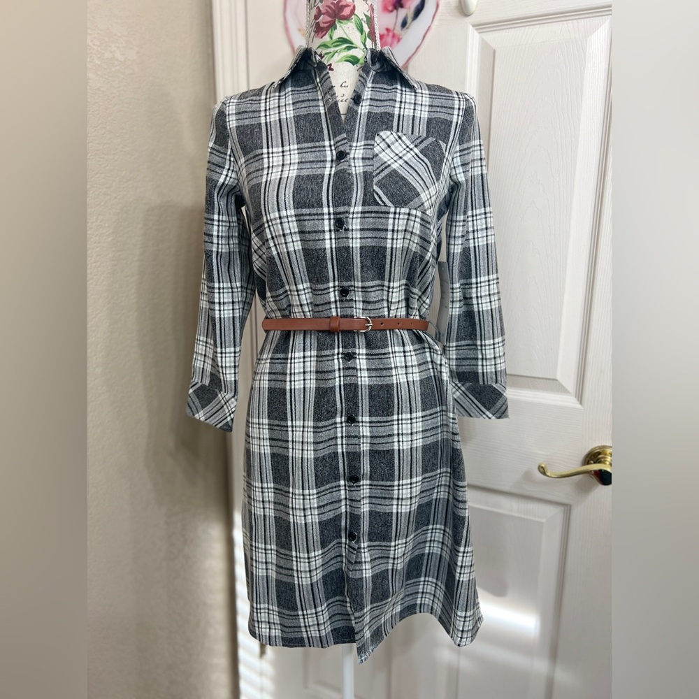 L&S Girls Size L Plaid Long Sleeve Button Down Dress With Belt Black White NWT